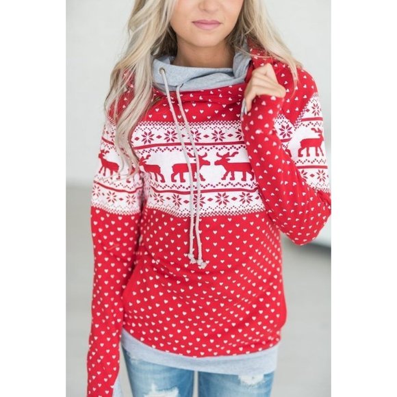 AMPERSAND AVENUE & Boutique Reindeer Games Double Hooded Sweatshirt Christmas XS - Picture 1 of 10